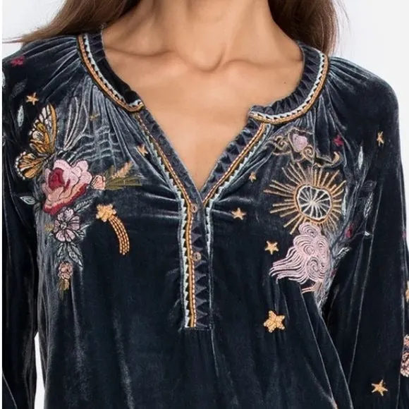 JOHNNY WAS Selah Velvet Puff Sleeve Raglan Blue Dress Size M