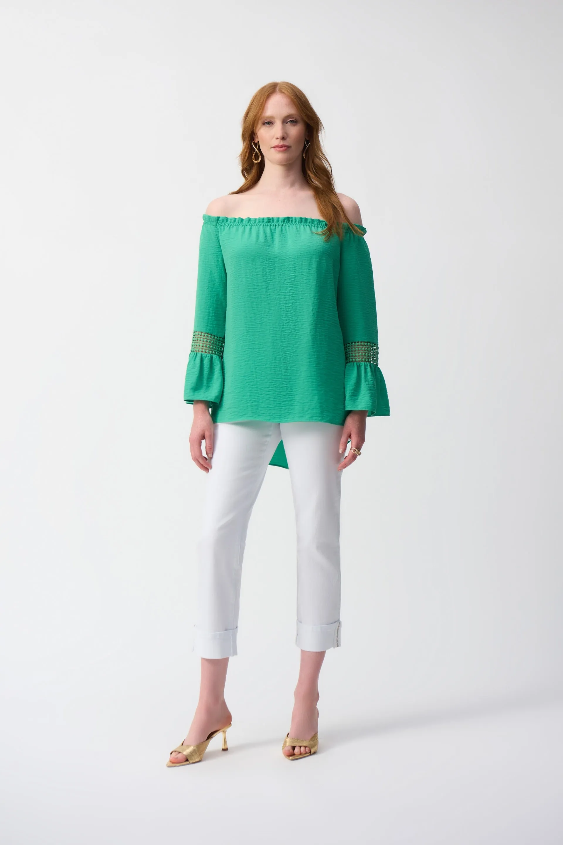 Joseph Ribkoff Garden Green Gauze Off-Shoulder Flared Tunic Style 251194