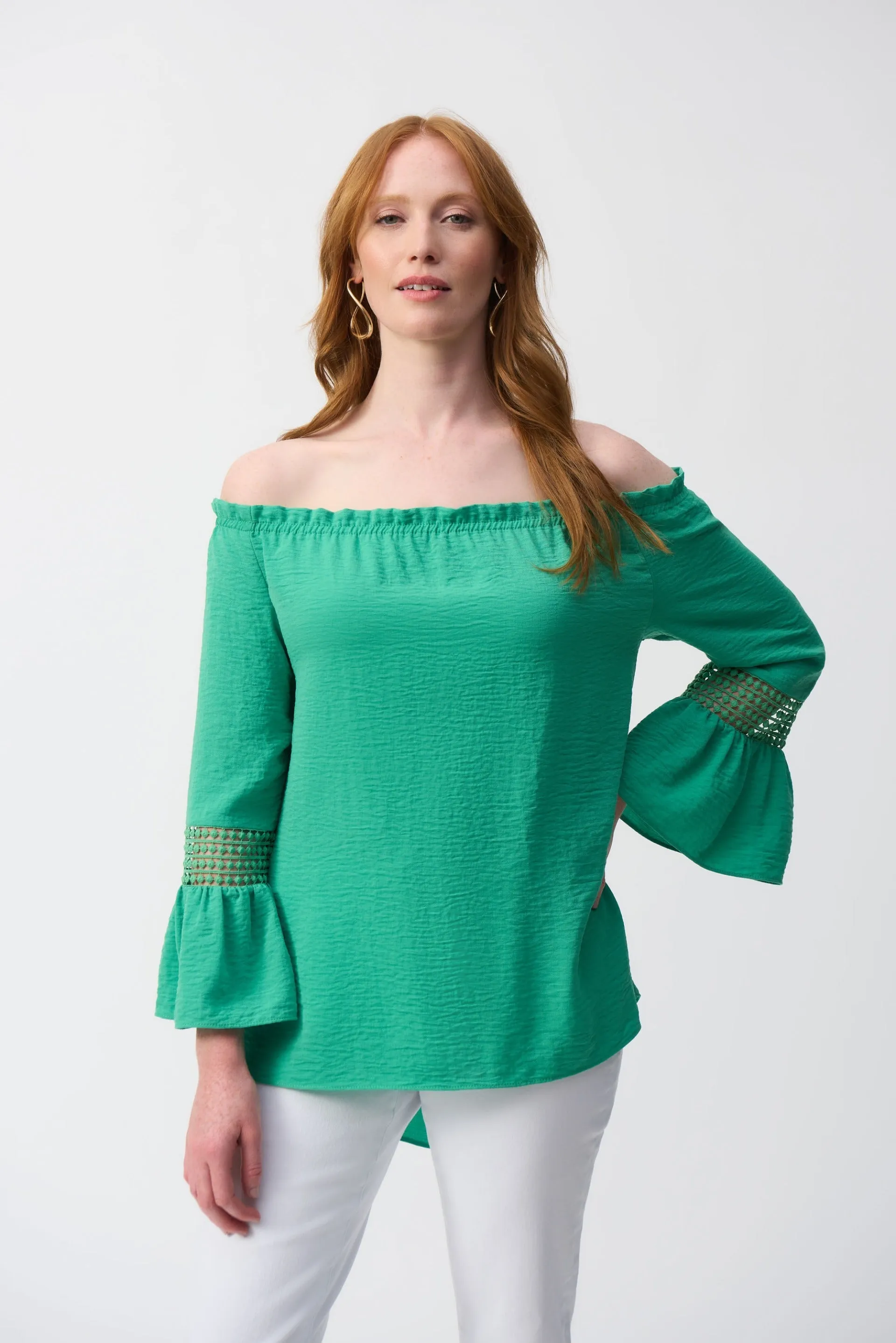 Joseph Ribkoff Garden Green Gauze Off-Shoulder Flared Tunic Style 251194