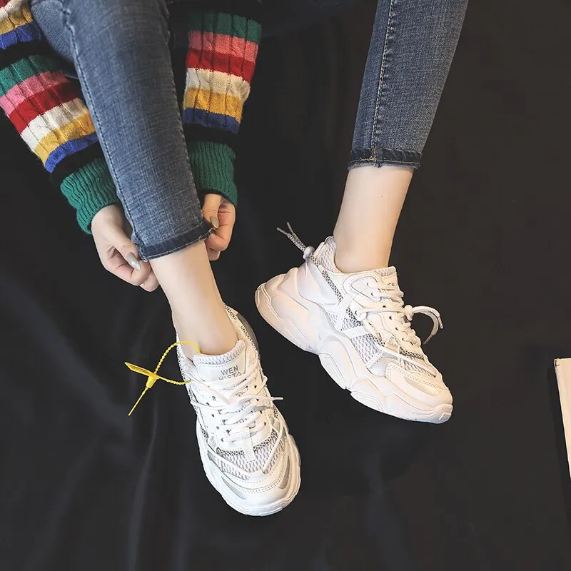Joskaa  Sneakers Platform Women Shoes Breathable White Shoes Women Reflective Wedges Dad Shoes Casual Women Chunky Sneakers