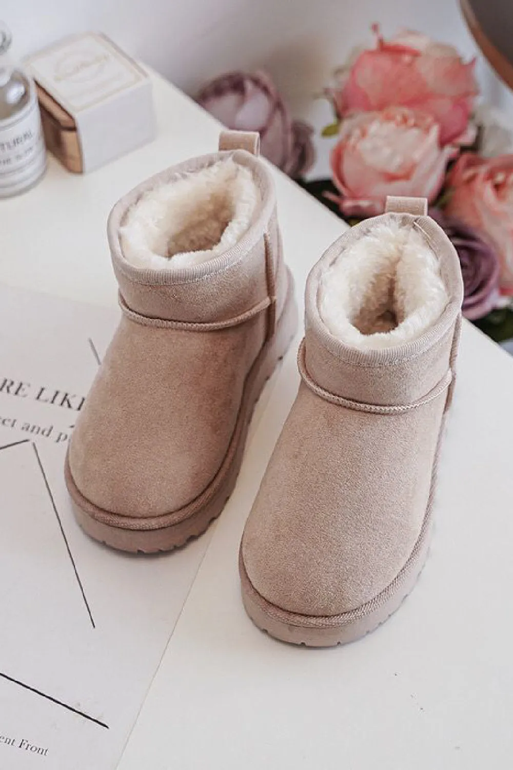 KIDS BEIGE FLUFFY PLATFORM FAUX FUR LINED ANKLE BOOTS 31/36 SIZES