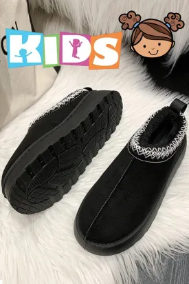 KIDS BLACK EMBROIDED FLUFFY FAUX FUR PLATFORM SLIPPERS 31/36