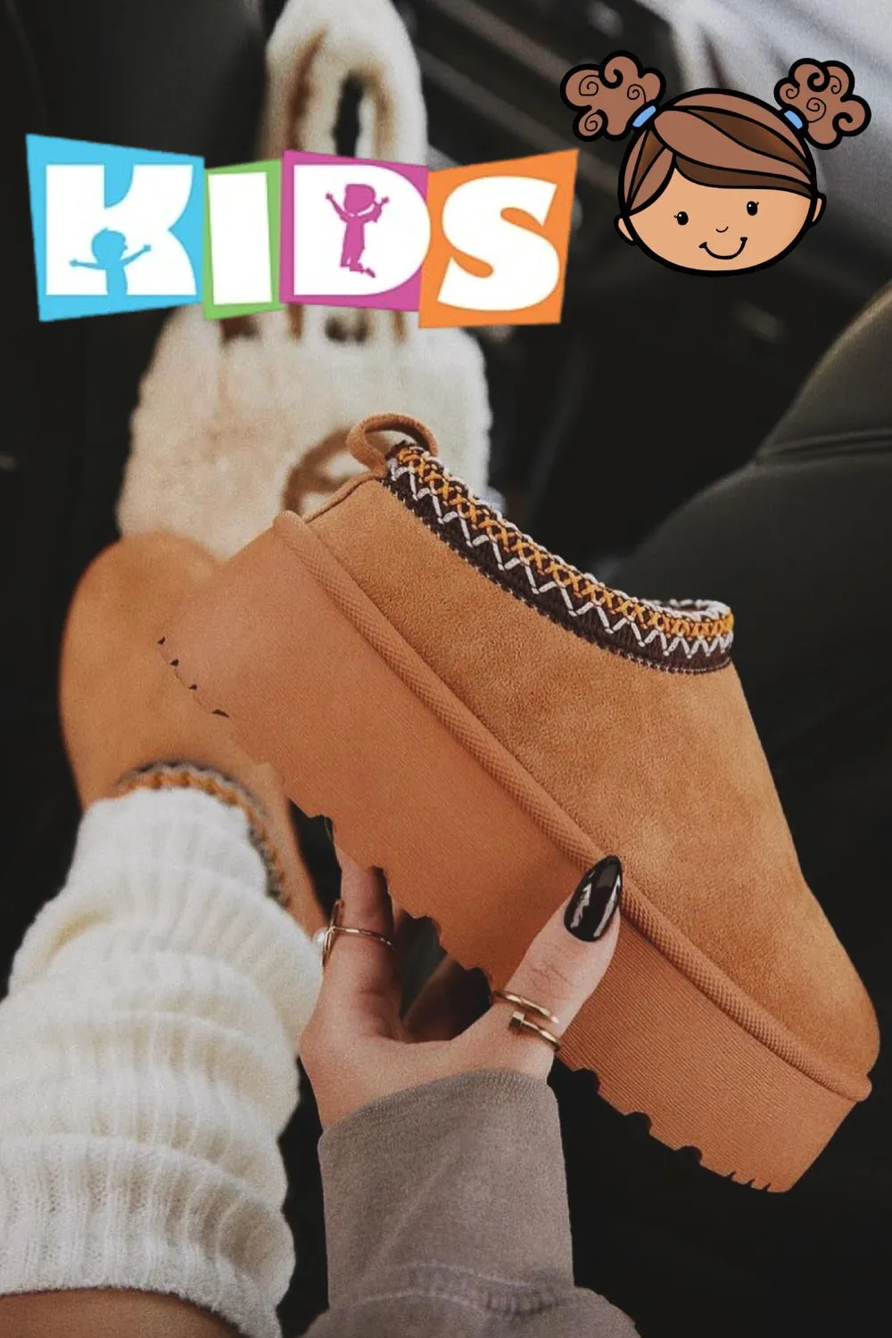 KIDS CHESTNUT EMBROIDED FLUFFY FAUX FUR PLATFORM SLIPPERS 30/35 SIZES