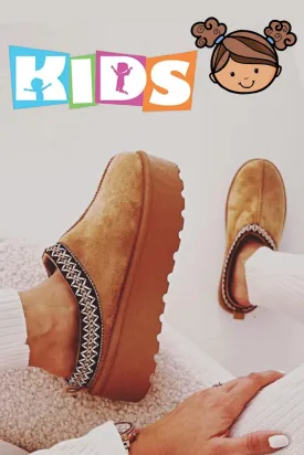 KIDS CHESTNUT EMBROIDED FLUFFY FAUX FUR PLATFORM SLIPPERS 30/35 SIZES