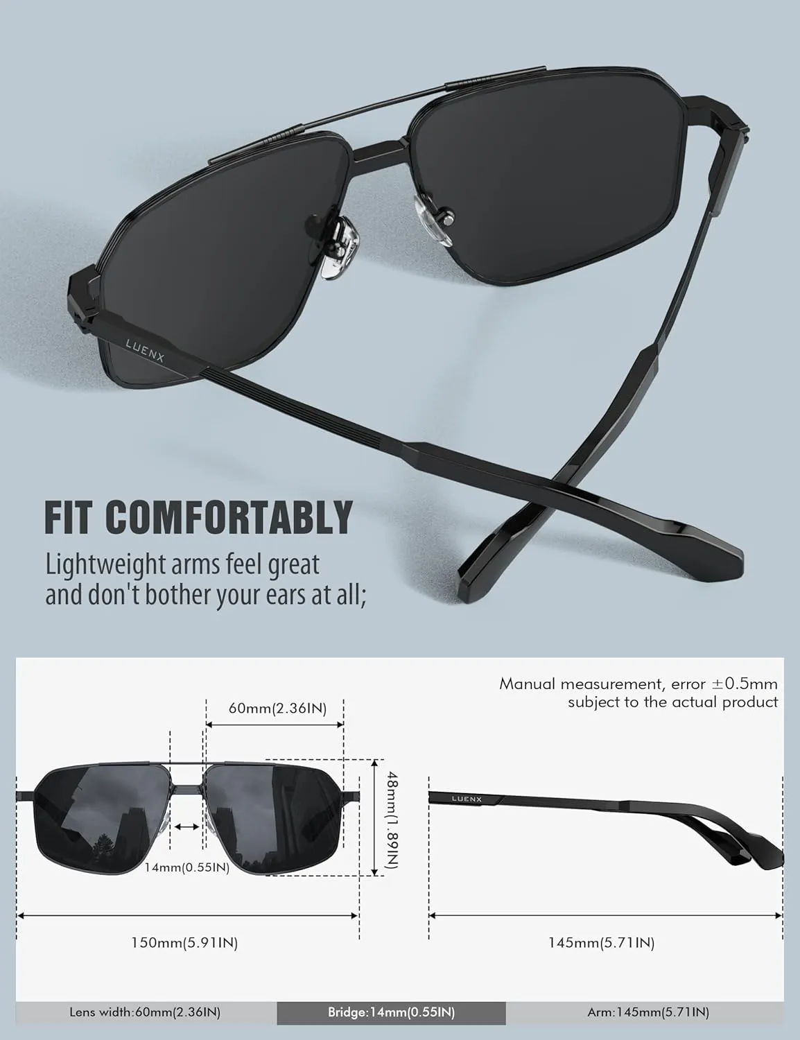 LUENX Aviator Sunglasses for Men Square Polarized Polygon Sun Glasses UV400 Protection