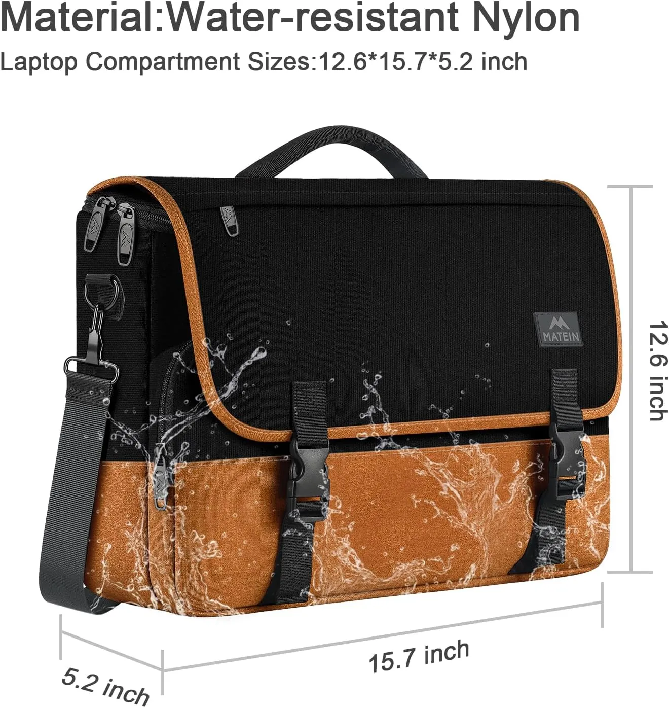 MATEIN 15.6 inch Messenger Bag for School, Briefcase Lightweight Men's Laptop Bag with Adjustable Shoulder Strap, Water Resistant Crossbody Satchel Computer Case for College Work, Black & Brown