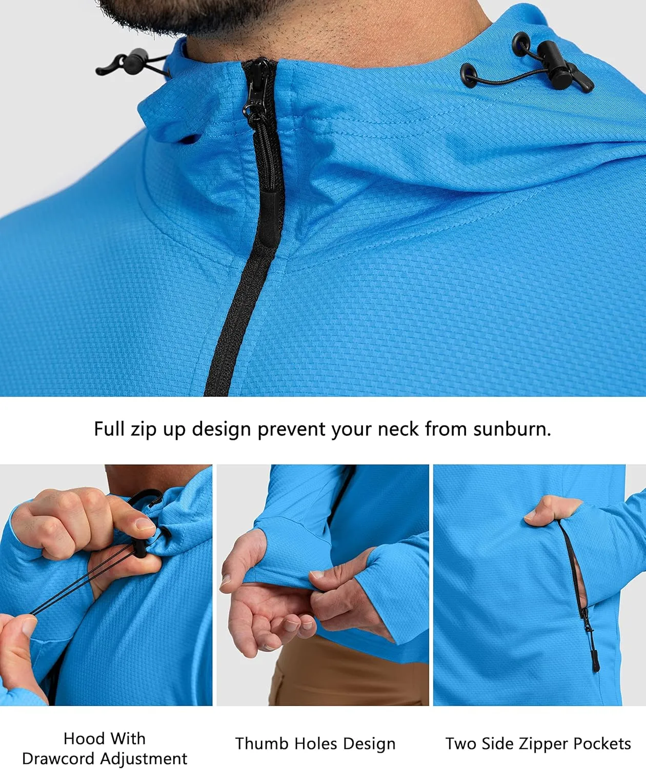 Men's UPF 50  Light Jacket Full Zip Sun Protection Hoodie Long Sleeve Sun Shirts for Men Hiking Fishing Zip Pockets