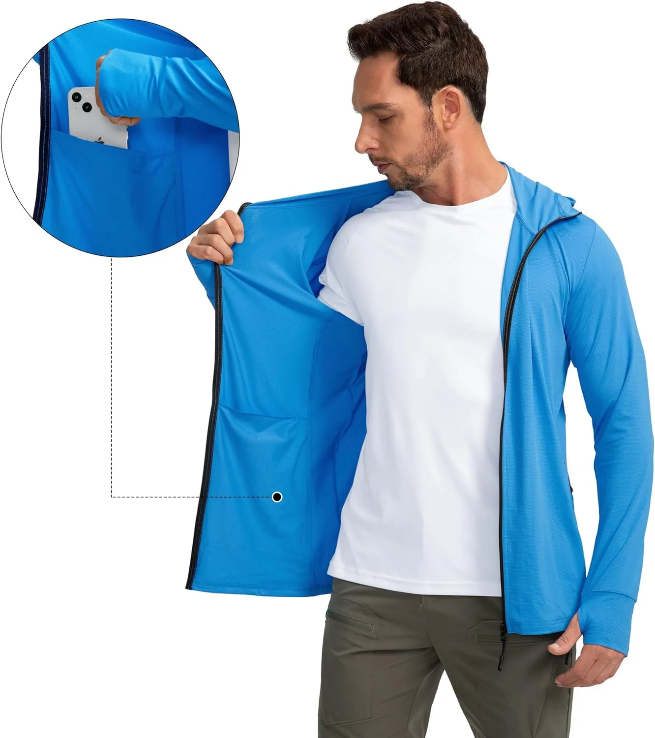 Men's UPF 50  Light Jacket Full Zip Sun Protection Hoodie Long Sleeve Sun Shirts for Men Hiking Fishing Zip Pockets