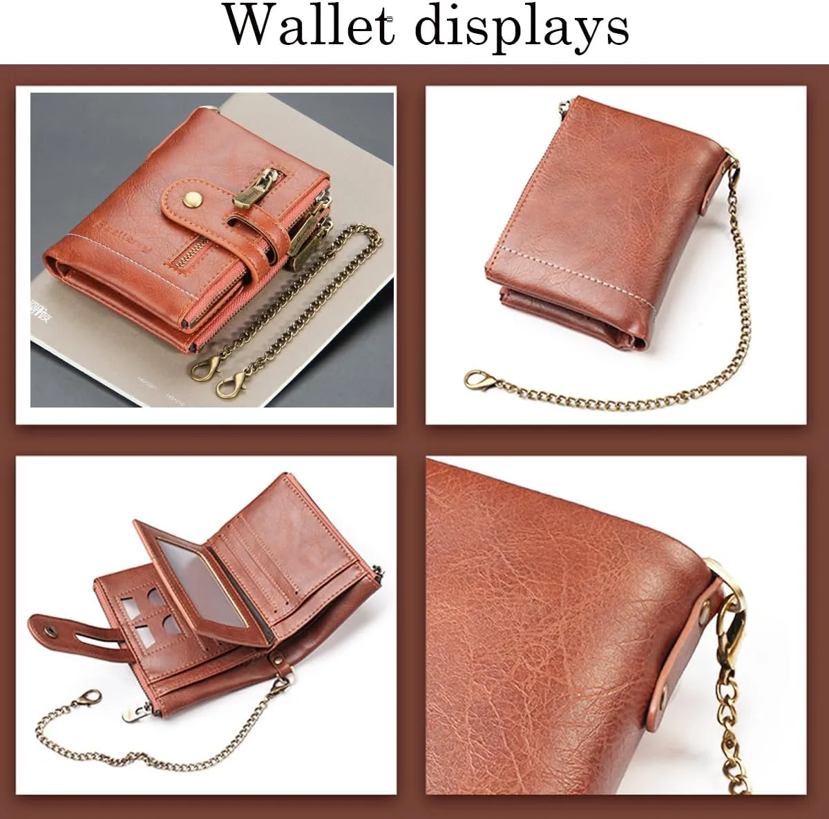 Mens Wallet with Chain PU Faux Leather Bifold Wallet for Men Double Zipper Coin Pocket Purse Double Anti-Theft (Gift Box