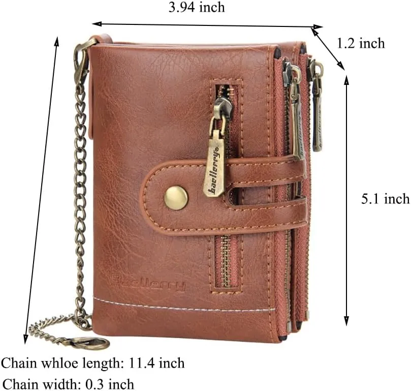 Mens Wallet with Chain PU Faux Leather Bifold Wallet for Men Double Zipper Coin Pocket Purse Double Anti-Theft (Gift Box