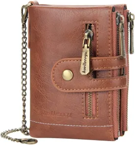 Mens Wallet with Chain PU Faux Leather Bifold Wallet for Men Double Zipper Coin Pocket Purse Double Anti-Theft (Gift Box