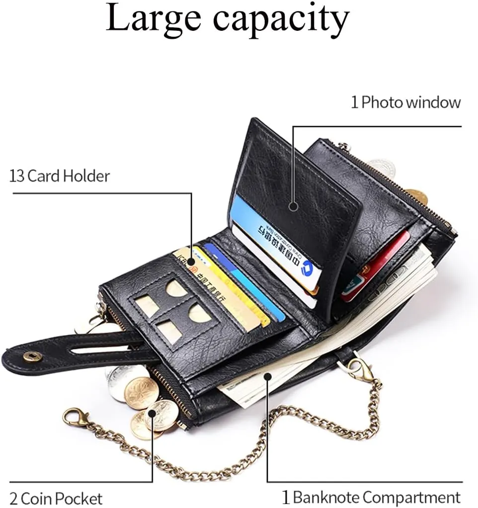 Mens Wallet with Chain PU Faux Leather Bifold Wallet for Men Double Zipper Coin Pocket Purse Double Anti-Theft (Gift Box