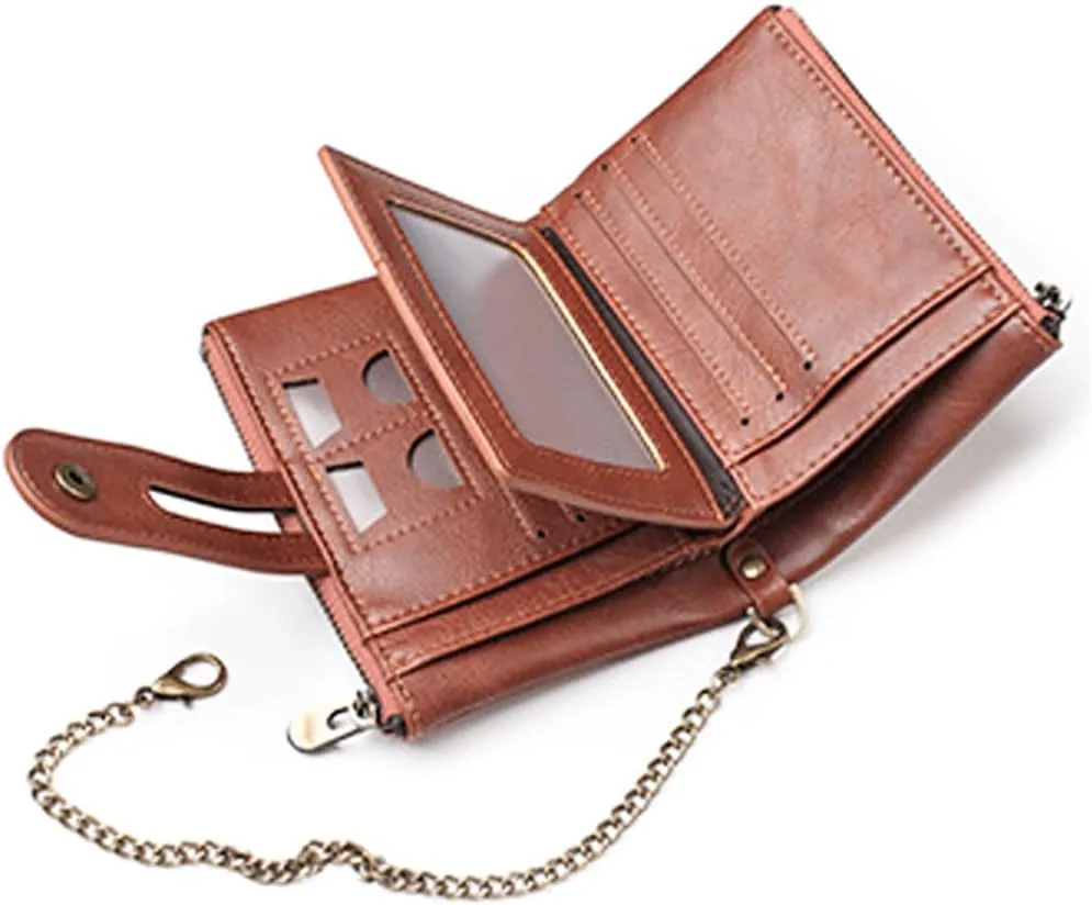 Mens Wallet with Chain PU Faux Leather Bifold Wallet for Men Double Zipper Coin Pocket Purse Double Anti-Theft (Gift Box