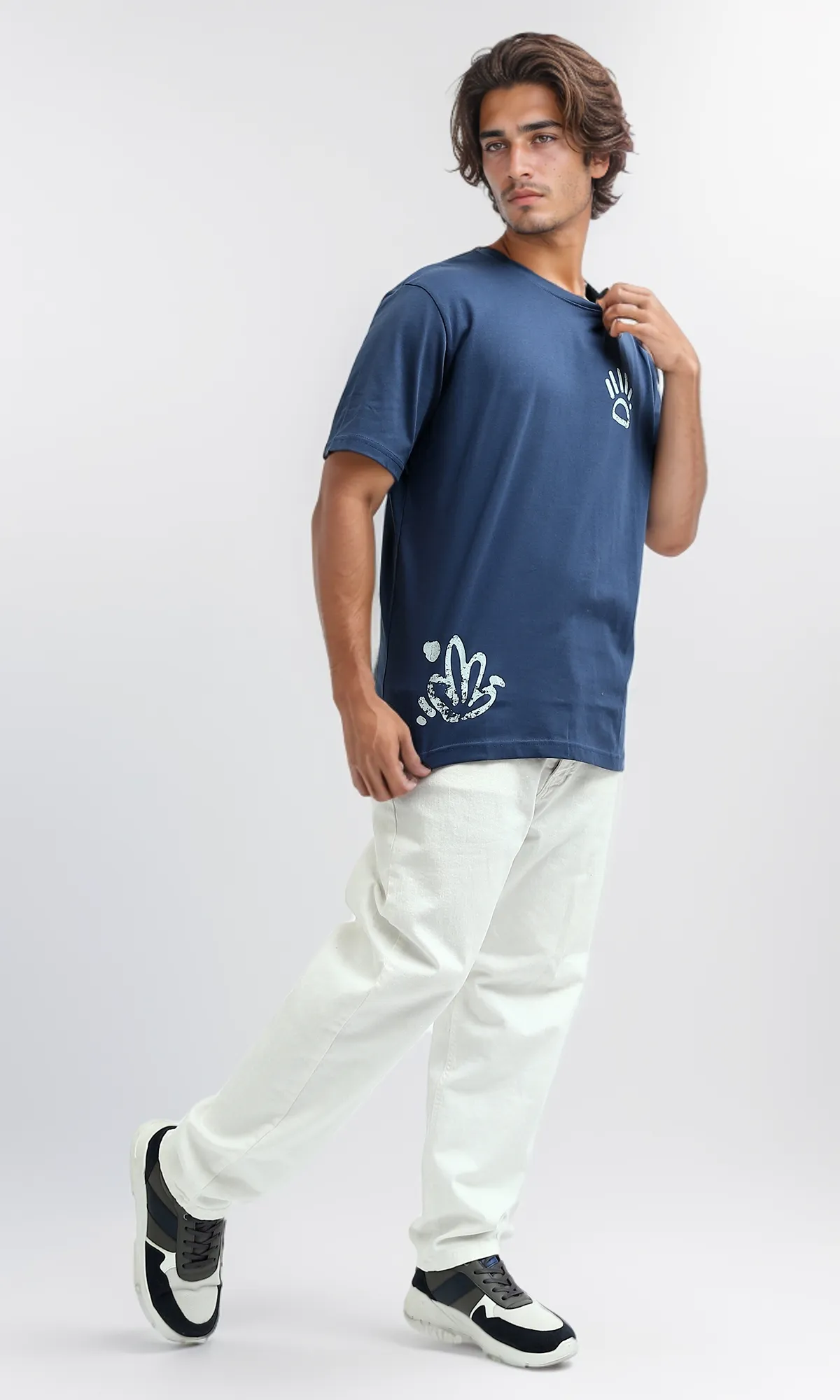 O182392 Round Neck Slip On Jeans Blue Printed Tee