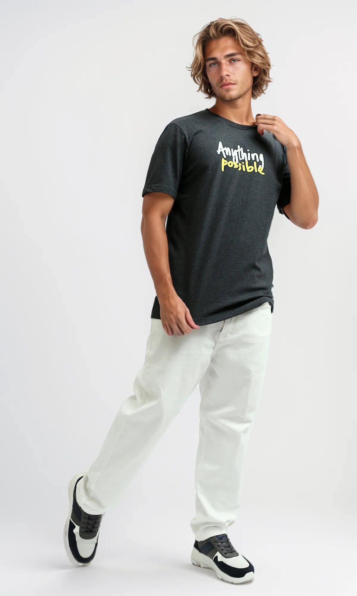 O182412 Round Neck Slip On Heather Dark Grey Printed Tee