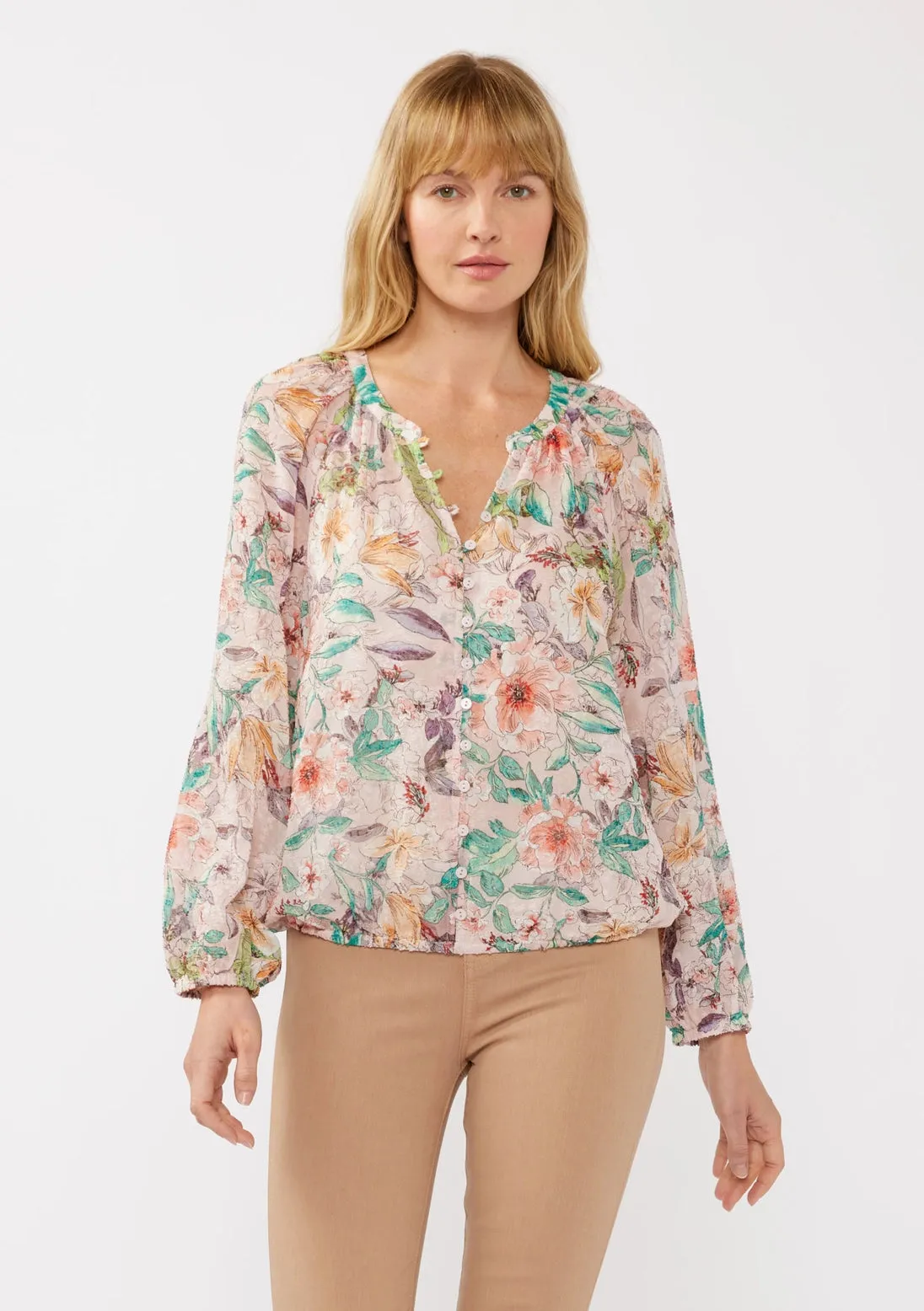 Pastel Floral Bohemian Blouse Cinch Hem and Buttons Dusty Peach