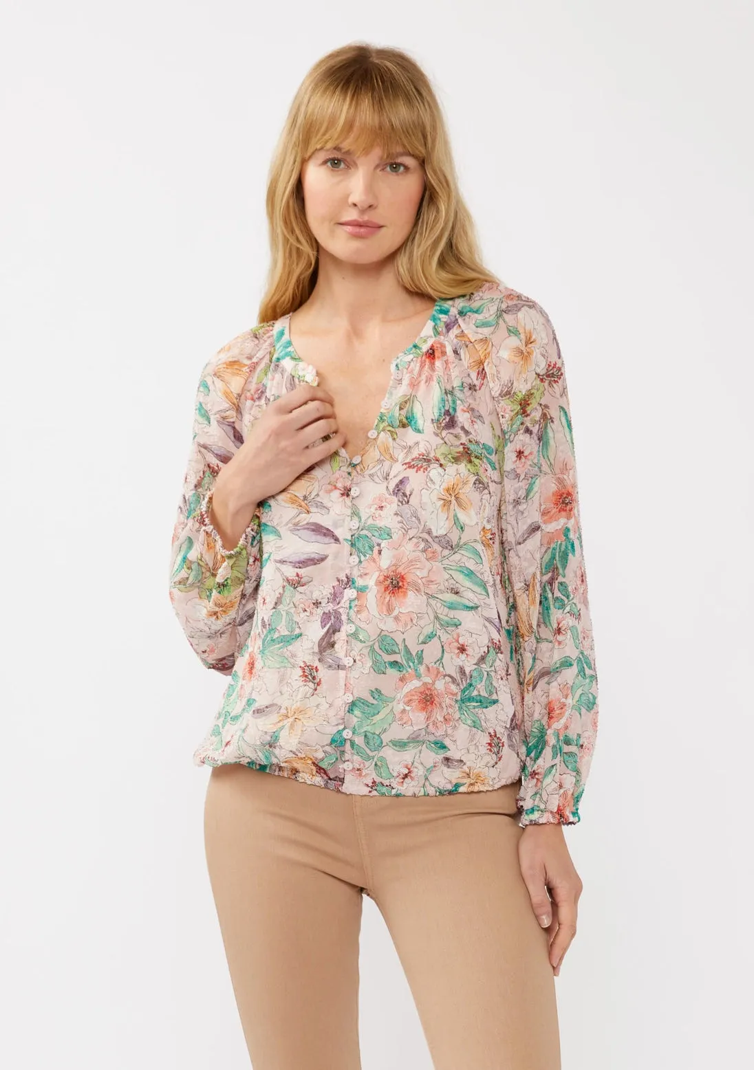 Pastel Floral Bohemian Blouse Cinch Hem and Buttons Dusty Peach