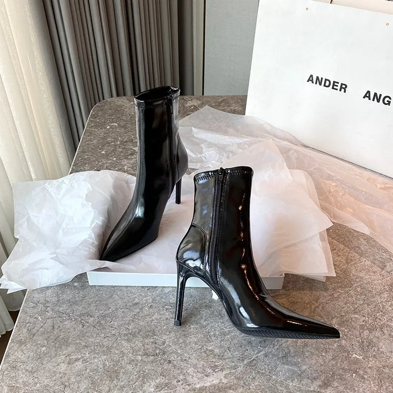 Purpdrank - 2023 Winter New Women Ankle Boots Fashion Pointed Toe Side Zipper Ladies Elegant Chelsea Boots Thin High Short Boots