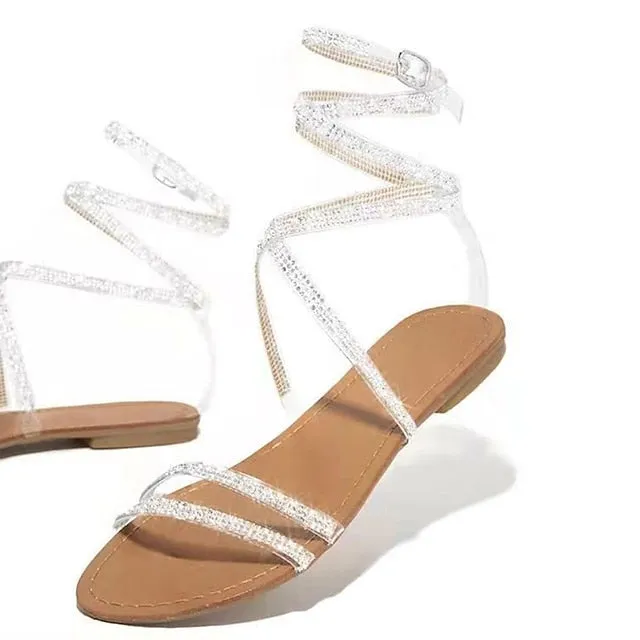 Purpdrank - Women's Sandals Lace Up Sandals Strappy Sandals Boho Bohemia Beach Sparkly Sandals Daily Beach Summer Rhinestone Flat Heel Open Toe Casual PVC Ankle Strap Solid Colored Black Brown