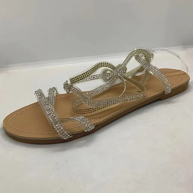 Purpdrank - Women's Sandals Lace Up Sandals Strappy Sandals Boho Bohemia Beach Sparkly Sandals Daily Beach Summer Rhinestone Flat Heel Open Toe Casual PVC Ankle Strap Solid Colored Black Brown