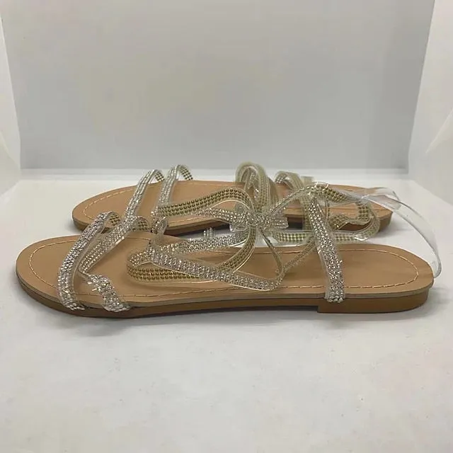 Purpdrank - Women's Sandals Lace Up Sandals Strappy Sandals Boho Bohemia Beach Sparkly Sandals Daily Beach Summer Rhinestone Flat Heel Open Toe Casual PVC Ankle Strap Solid Colored Black Brown