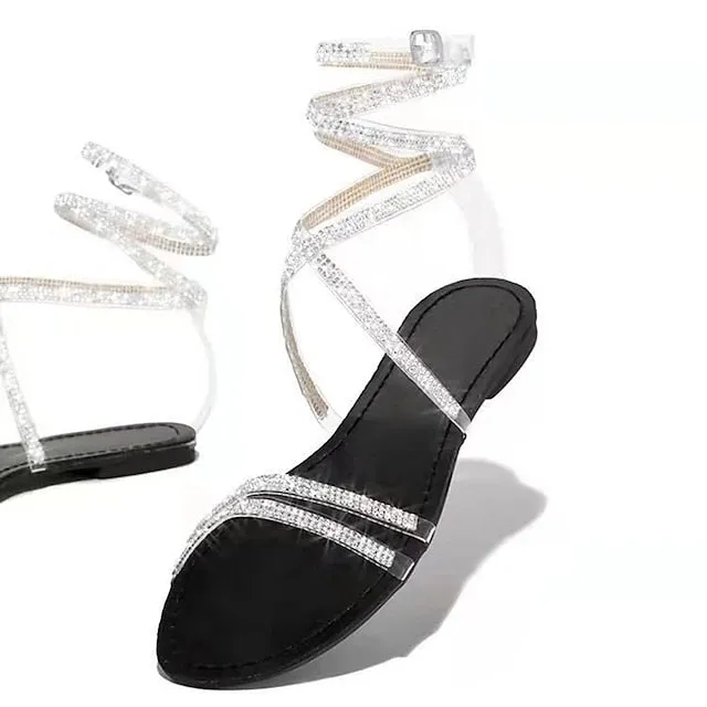 Purpdrank - Women's Sandals Lace Up Sandals Strappy Sandals Boho Bohemia Beach Sparkly Sandals Daily Beach Summer Rhinestone Flat Heel Open Toe Casual PVC Ankle Strap Solid Colored Black Brown