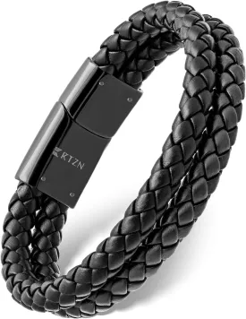 RTZN? Black Leather Bracelets for Men ?C Premium Artisan Handcrafted Collection ?C Single, Stacked, & Double Strand Braided Leather, Onyx Stone & Silver Chain Designs ?C Authentic Men's Leather Bracelets