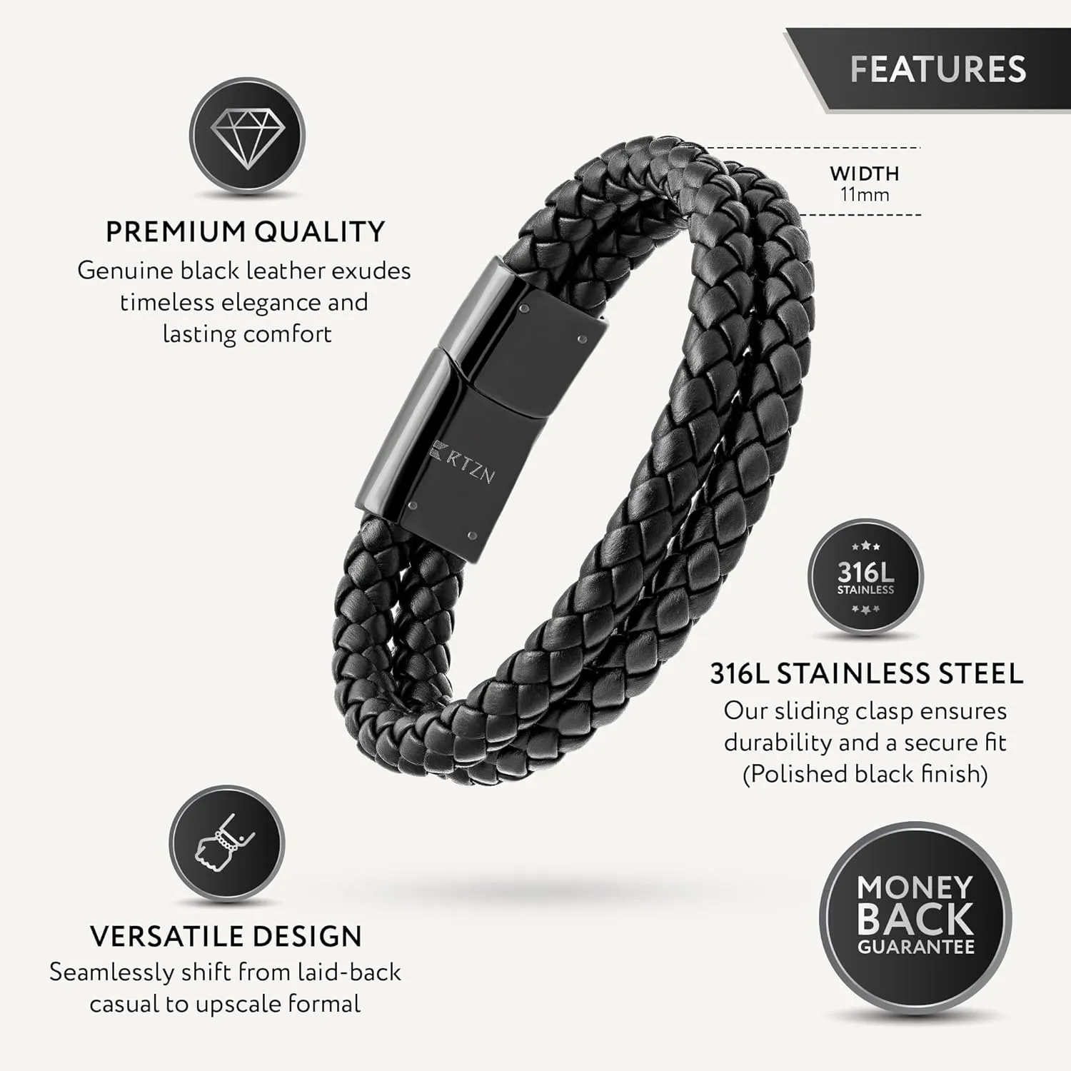 RTZN? Black Leather Bracelets for Men ?C Premium Artisan Handcrafted Collection ?C Single, Stacked, & Double Strand Braided Leather, Onyx Stone & Silver Chain Designs ?C Authentic Men's Leather Bracelets