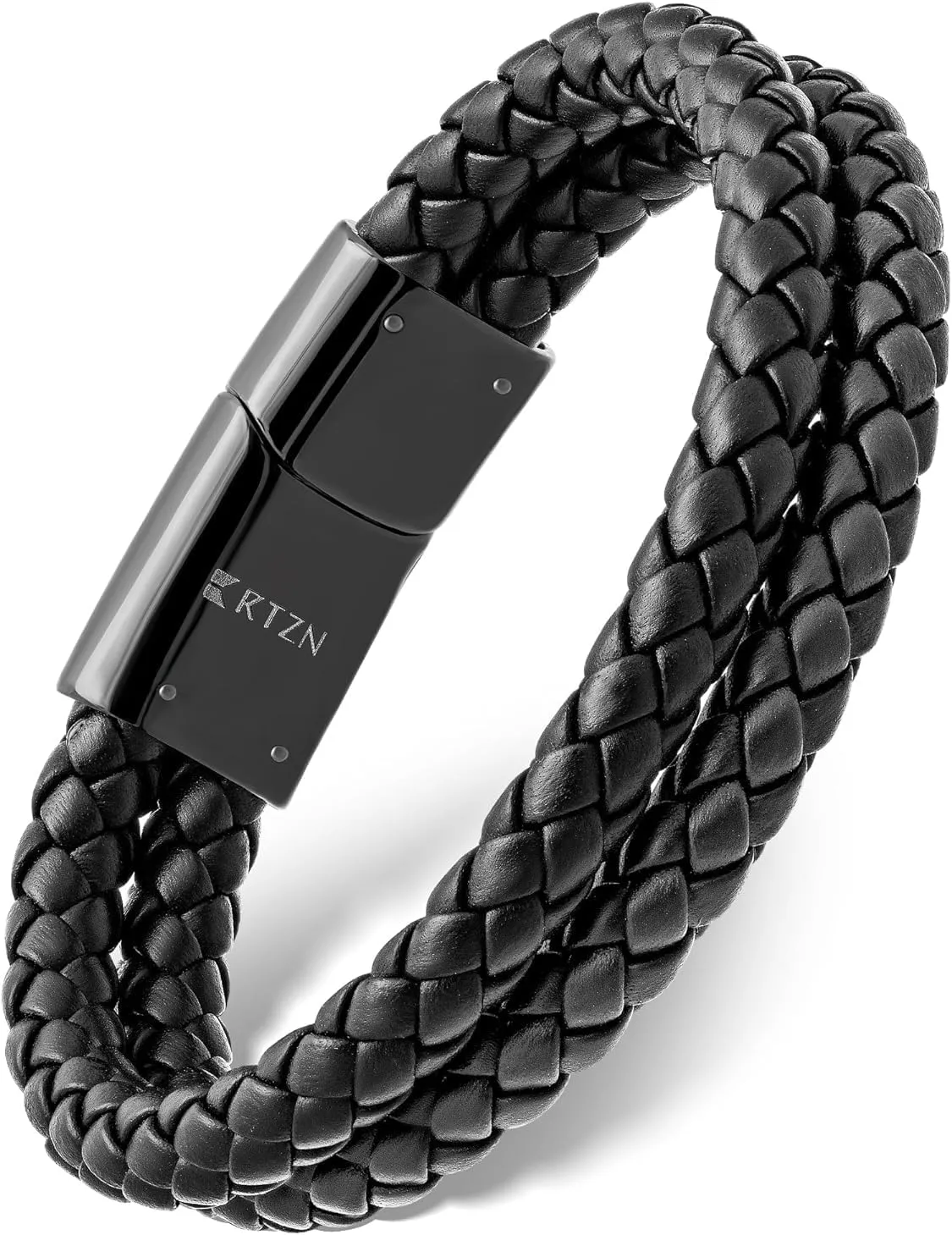 RTZN? Black Leather Bracelets for Men ?C Premium Artisan Handcrafted Collection ?C Single, Stacked, & Double Strand Braided Leather, Onyx Stone & Silver Chain Designs ?C Authentic Men's Leather Bracelets