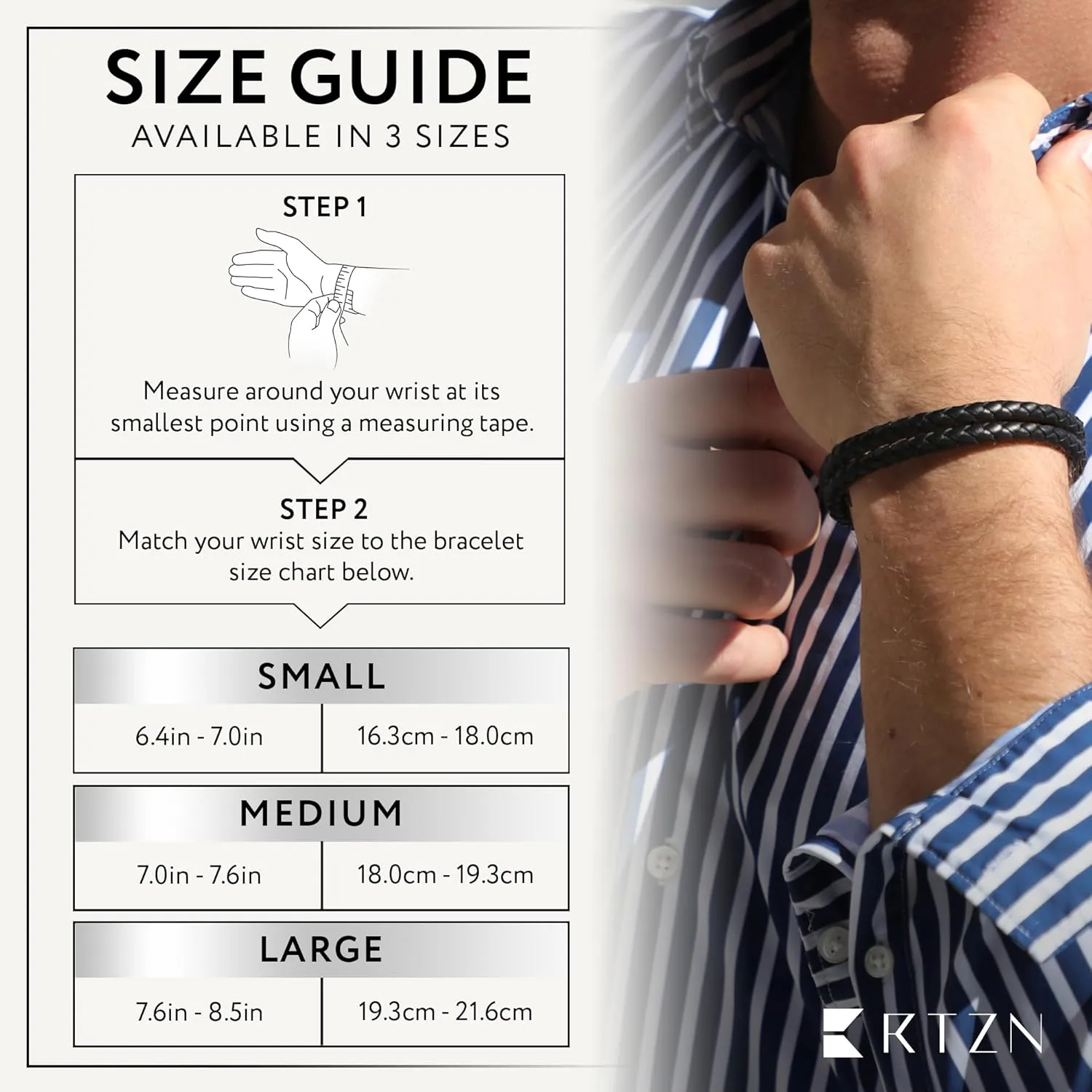RTZN? Black Leather Bracelets for Men ?C Premium Artisan Handcrafted Collection ?C Single, Stacked, & Double Strand Braided Leather, Onyx Stone & Silver Chain Designs ?C Authentic Men's Leather Bracelets