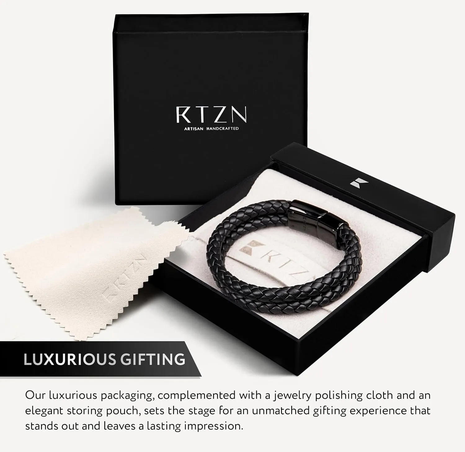 RTZN? Black Leather Bracelets for Men ?C Premium Artisan Handcrafted Collection ?C Single, Stacked, & Double Strand Braided Leather, Onyx Stone & Silver Chain Designs ?C Authentic Men's Leather Bracelets