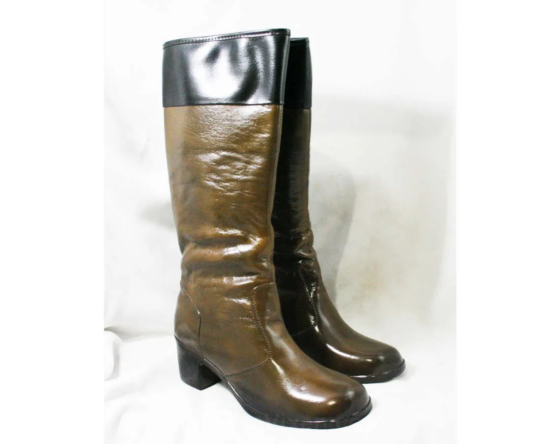 Size 7 Black & Brown 60s Boots - Waterproof Rubber - Sophisticated 1960s Street Style - Color Block - Lined - Unworn - Deadstock - 43293-8