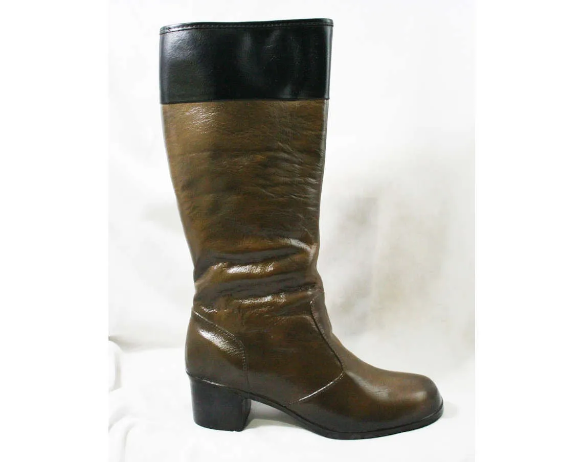 Size 7 Black & Brown 60s Boots - Waterproof Rubber - Sophisticated 1960s Street Style - Color Block - Lined - Unworn - Deadstock - 43293-8