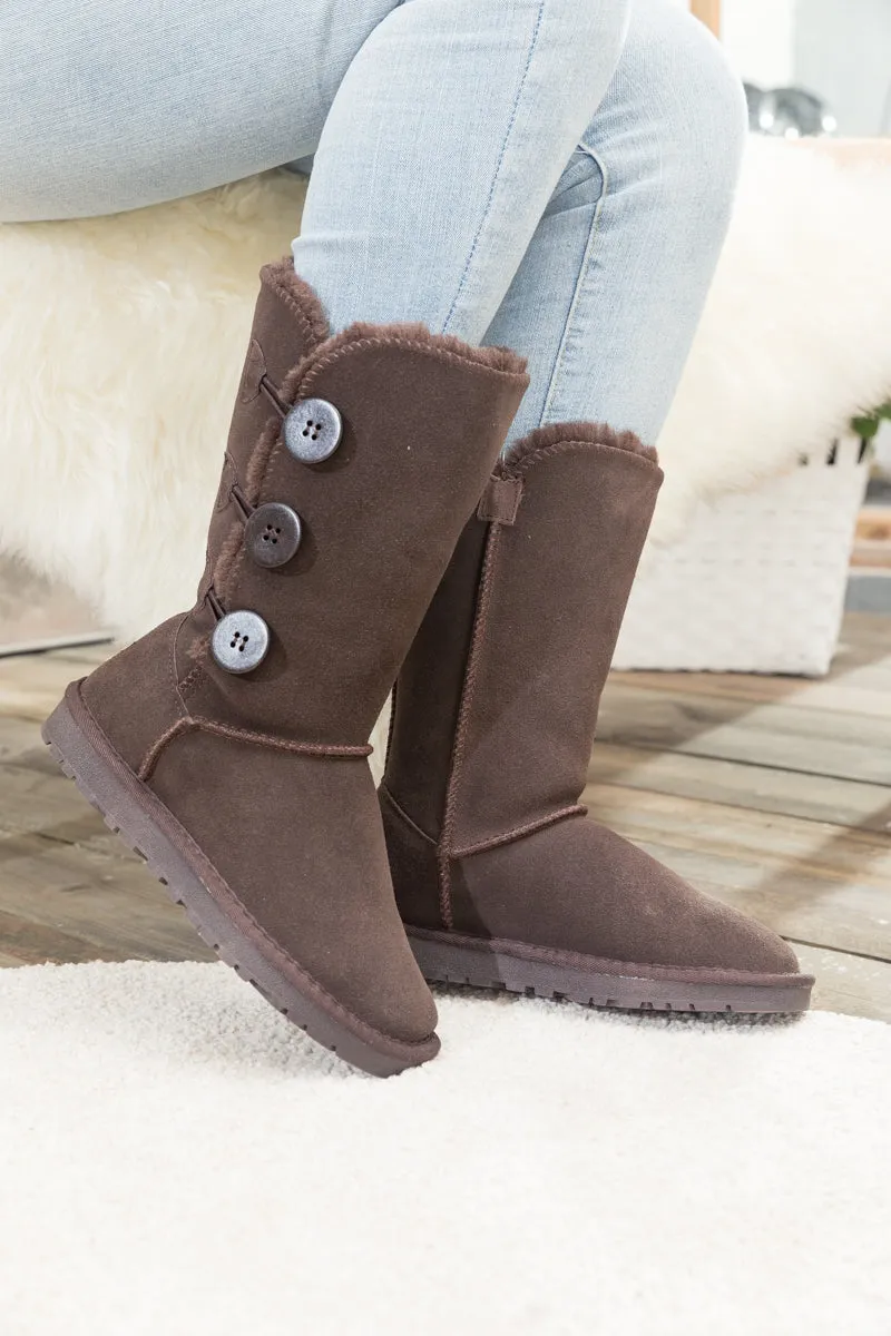 SMAIBULUN Ugg | Side Button Faux Fur-Lined Leather Suede Boots - chocolate