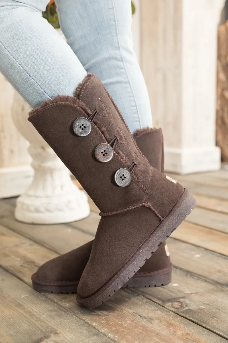 SMAIBULUN Ugg | Side Button Faux Fur-Lined Leather Suede Boots - chocolate