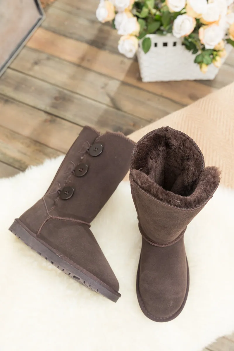SMAIBULUN Ugg | Side Button Faux Fur-Lined Leather Suede Boots - chocolate