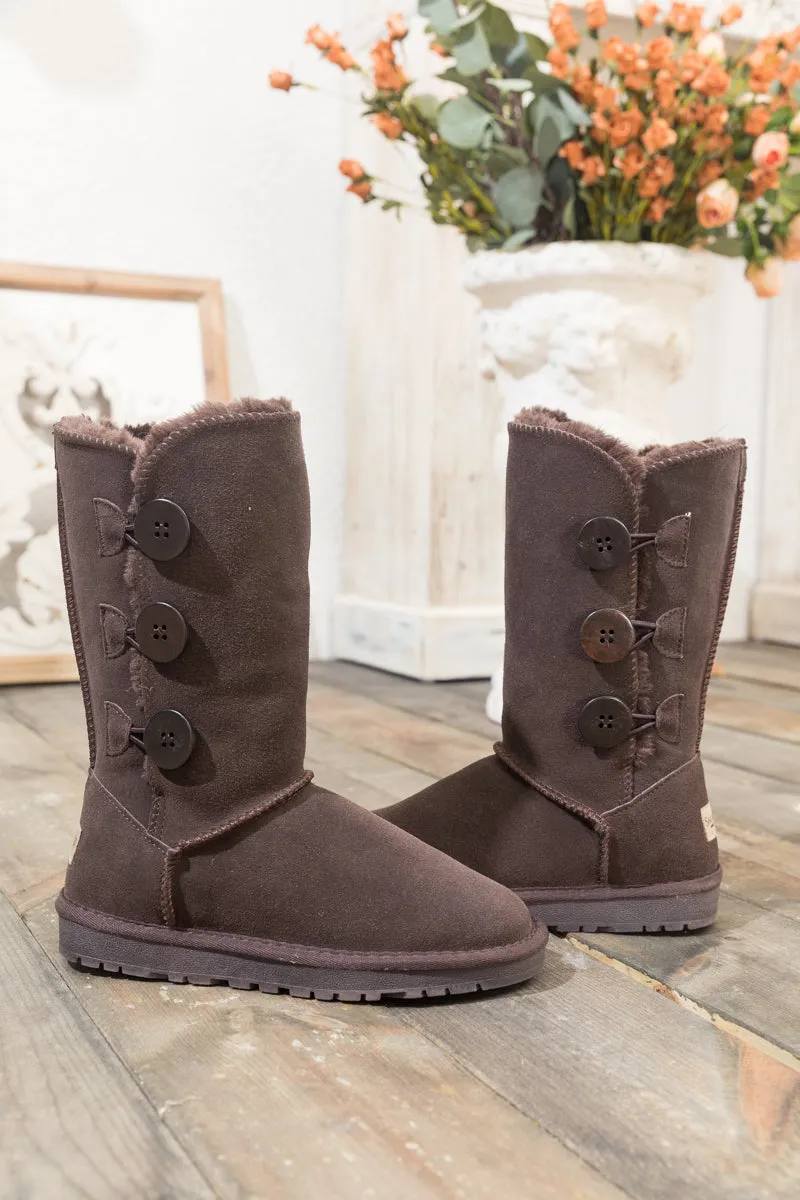 SMAIBULUN Ugg | Side Button Faux Fur-Lined Leather Suede Boots - chocolate