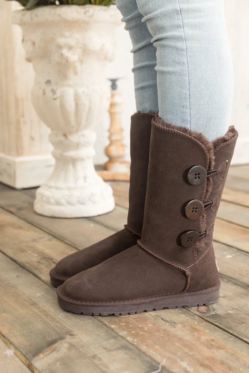 SMAIBULUN Ugg | Side Button Faux Fur-Lined Leather Suede Boots - chocolate