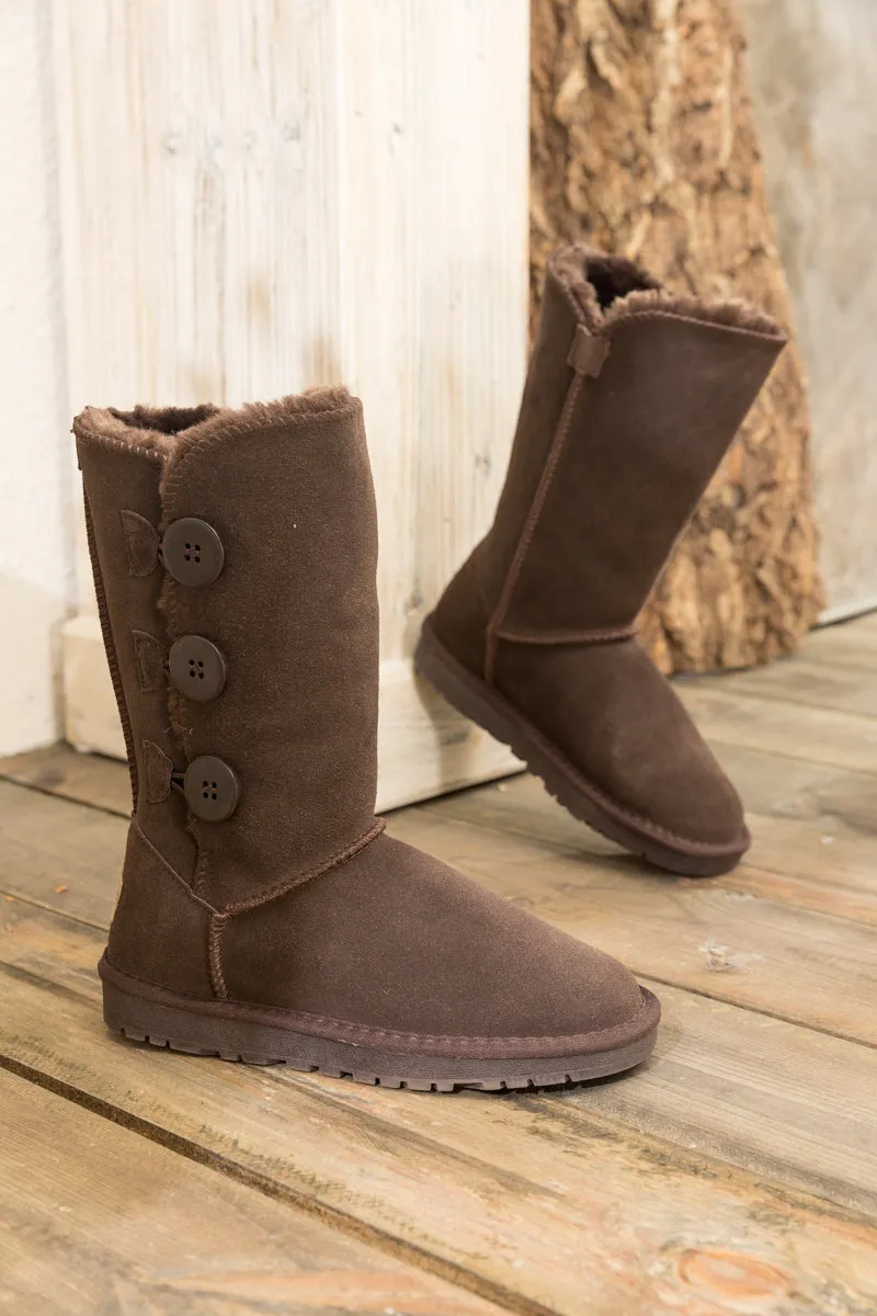 SMAIBULUN Ugg | Side Button Faux Fur-Lined Leather Suede Boots - chocolate