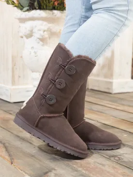 SMAIBULUN Ugg | Side Button Faux Fur-Lined Leather Suede Boots - chocolate