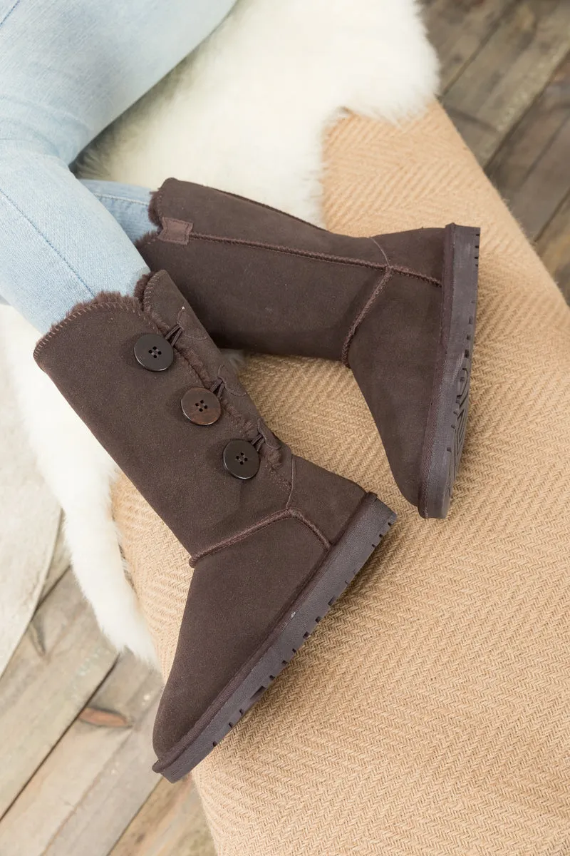 SMAIBULUN Ugg | Side Button Faux Fur-Lined Leather Suede Boots - chocolate