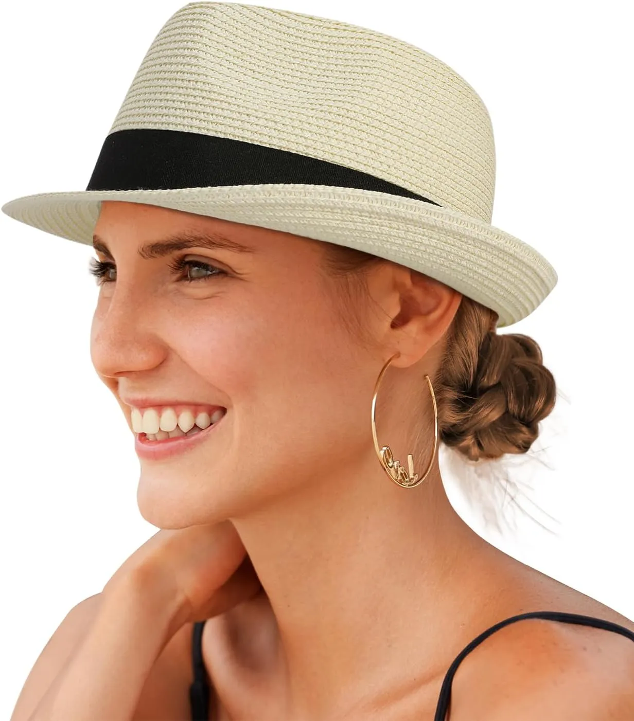 Straw Fedora Sun Hat for Women Men Short Brim Panama Trilby Beach Hat Packable Summer Hat UPF 50 