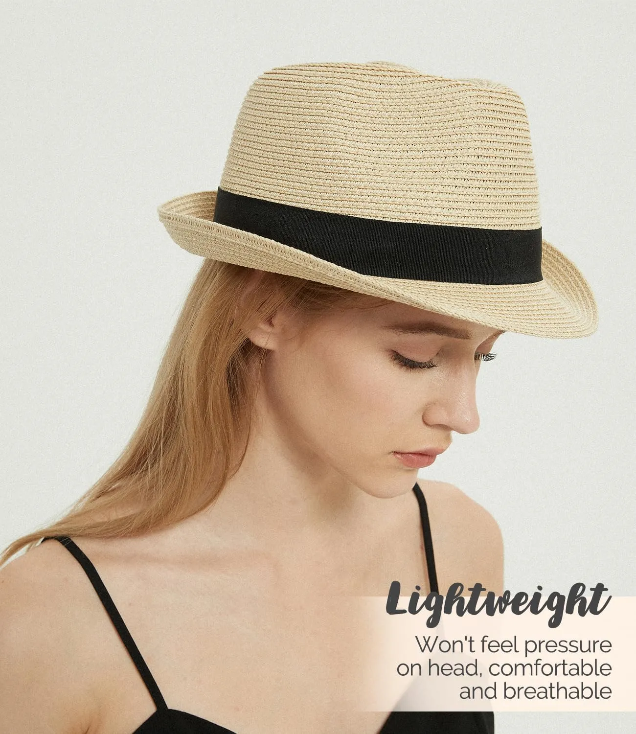 Straw Fedora Sun Hat for Women Men Short Brim Panama Trilby Beach Hat Packable Summer Hat UPF 50 