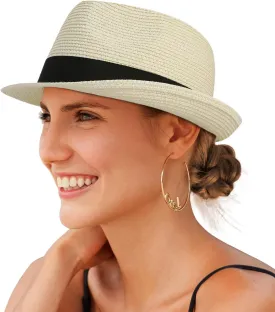 Straw Fedora Sun Hat for Women Men Short Brim Panama Trilby Beach Hat Packable Summer Hat UPF 50 