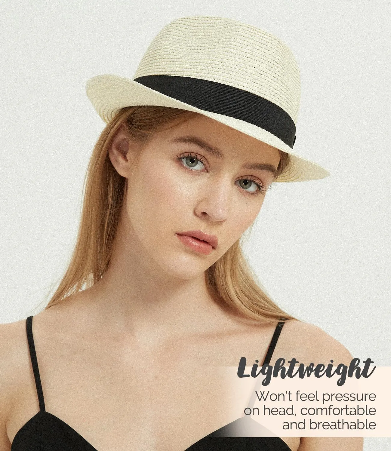 Straw Fedora Sun Hat for Women Men Short Brim Panama Trilby Beach Hat Packable Summer Hat UPF 50 