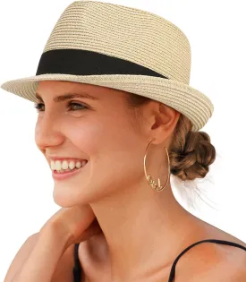 Straw Fedora Sun Hat for Women Men Short Brim Panama Trilby Beach Hat Packable Summer Hat UPF 50 