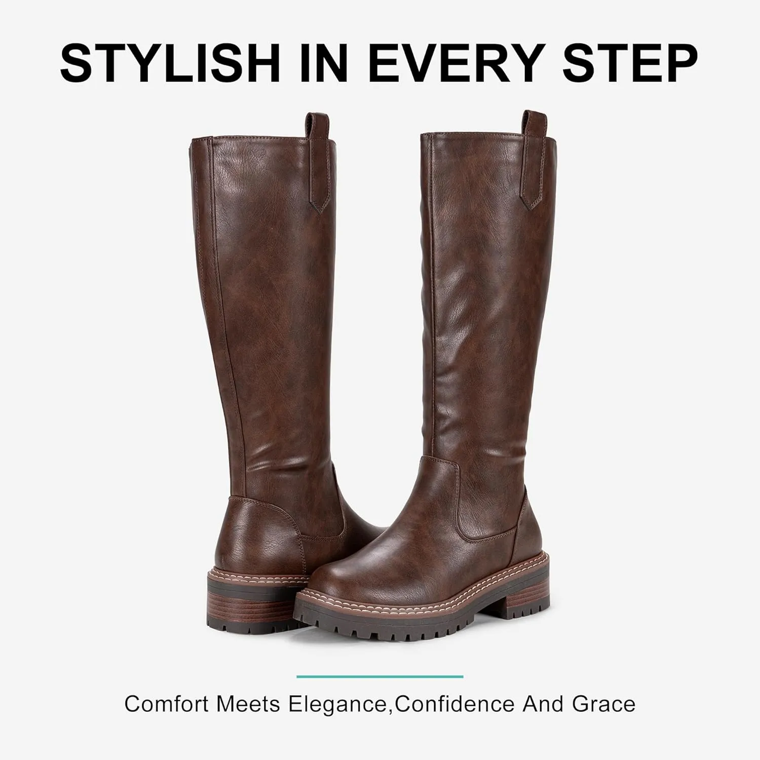 Vepose Womens 9658 Knee High Boots Low Heel, Platform Tall Boots with Side Zipper for Ladies