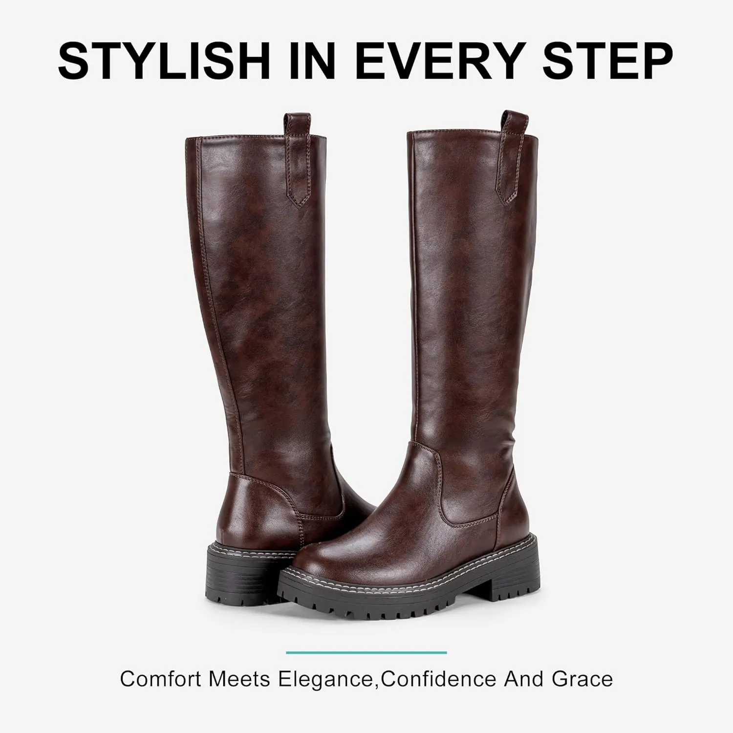 Vepose Womens 9658 Knee High Boots Low Heel, Platform Tall Boots with Side Zipper for Ladies