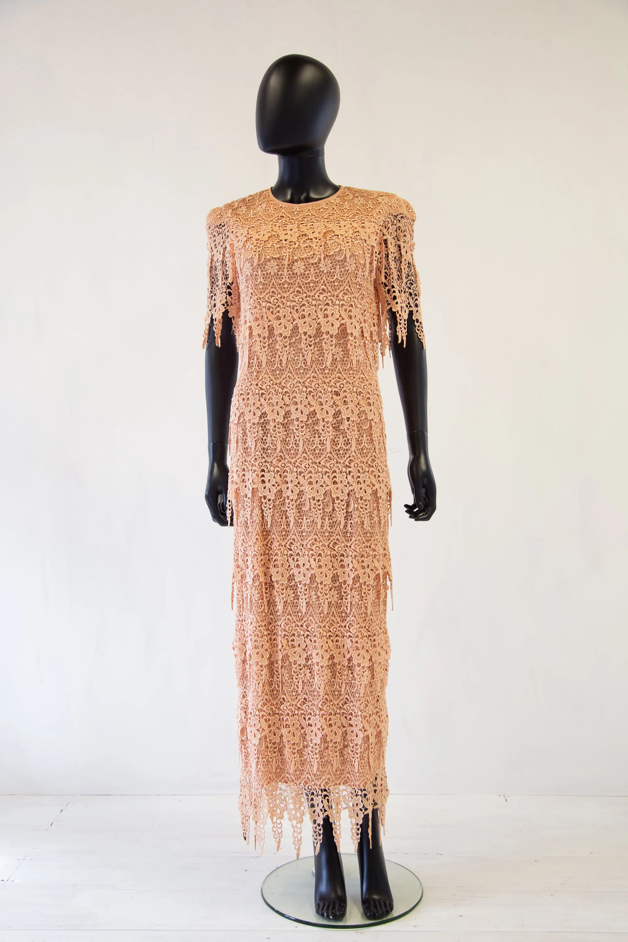 Vintage 1980s Peach Guipure Lace Tiered Maxi Dress