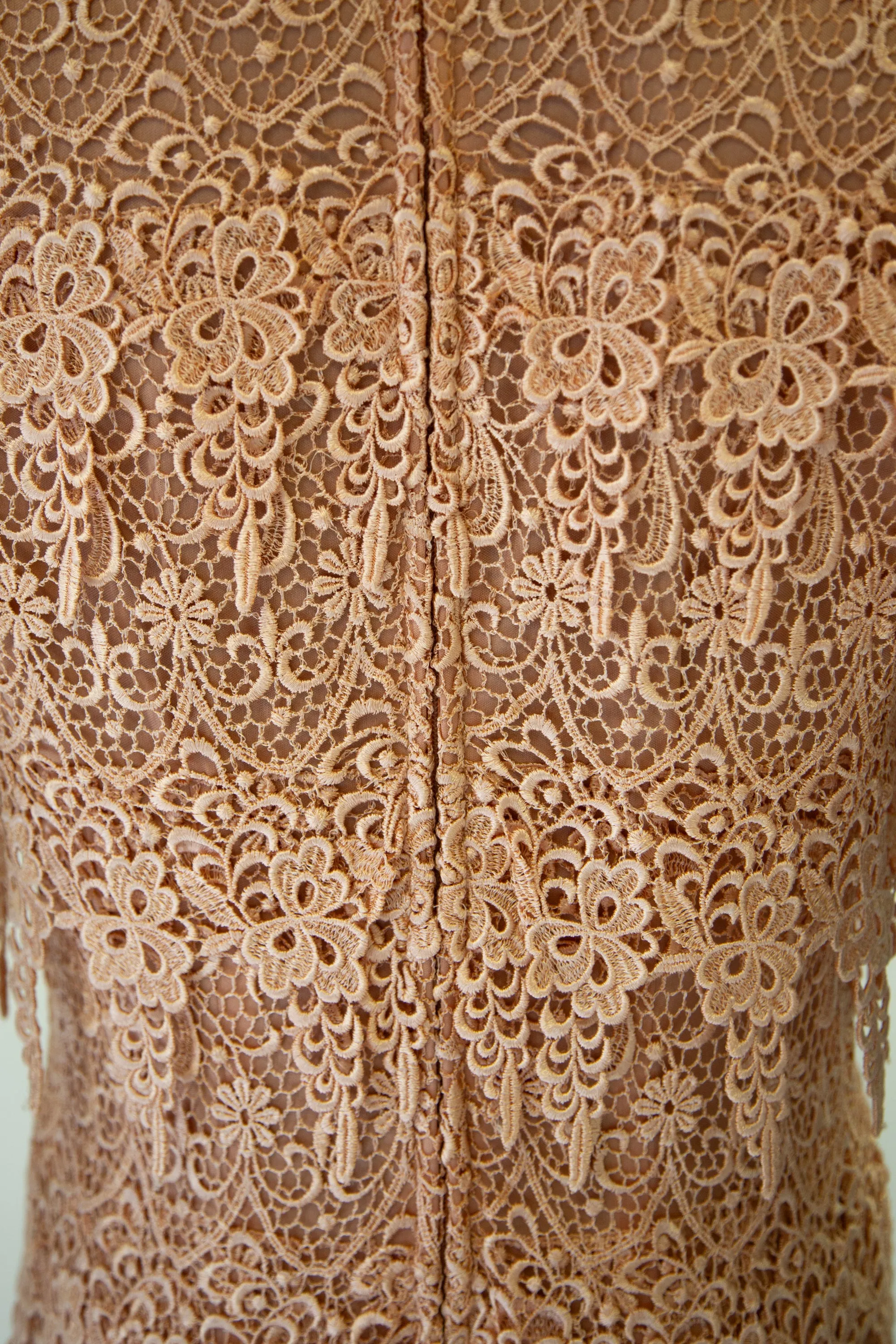 Vintage 1980s Peach Guipure Lace Tiered Maxi Dress